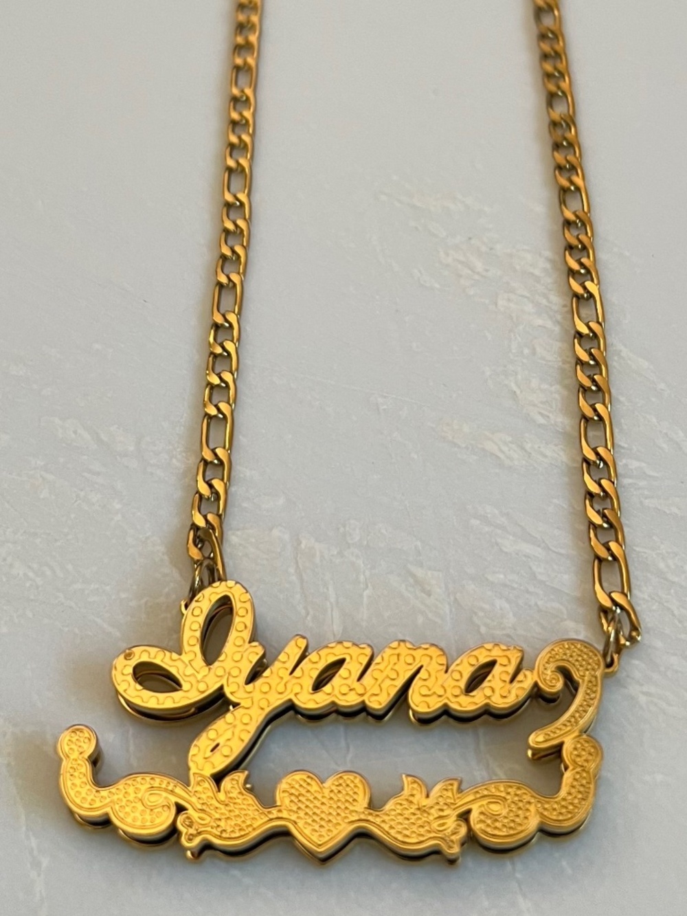 Gold Tone Custom Double Nameplate Necklace Figaro Chain Stainless Steel "Iyana"